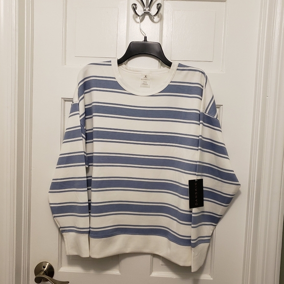 NWT Danskin Luxe Rugby Stripe Pullover Tempest Blue/White Size Medium Ret. $48 - Picture 2 of 11